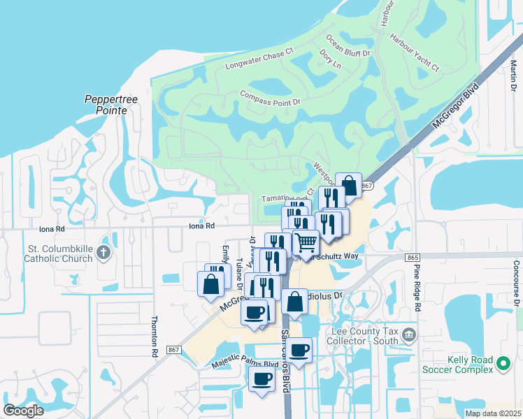 map of restaurants, bars, coffee shops, grocery stores, and more near 15091 Tamarind Cay Court in Fort Myers