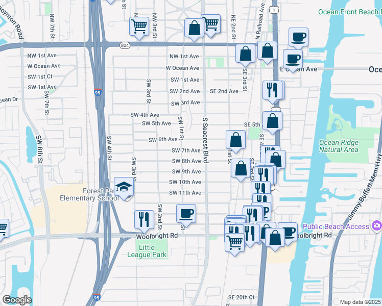 map of restaurants, bars, coffee shops, grocery stores, and more near 130 Southwest 7th Avenue in Boynton Beach