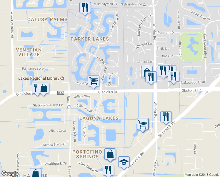 map of restaurants, bars, coffee shops, grocery stores, and more near 15250 Cricket Lane in Fort Myers