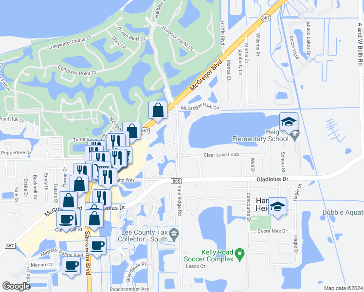map of restaurants, bars, coffee shops, grocery stores, and more near 15081 Woodrich Bend Court in Fort Myers