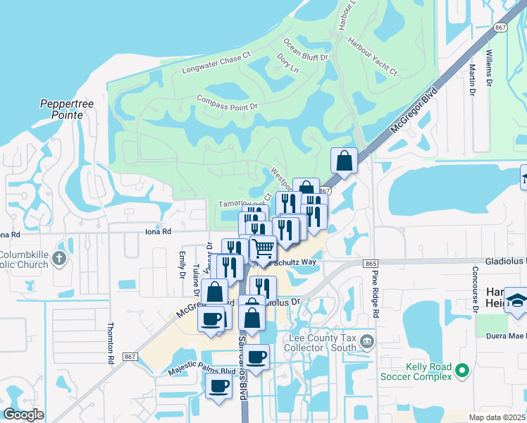 map of restaurants, bars, coffee shops, grocery stores, and more near 11260 Jacana Court in Fort Myers