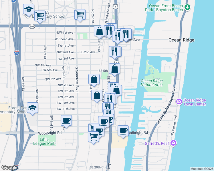map of restaurants, bars, coffee shops, grocery stores, and more near 701 Southeast 4th Street in Boynton Beach