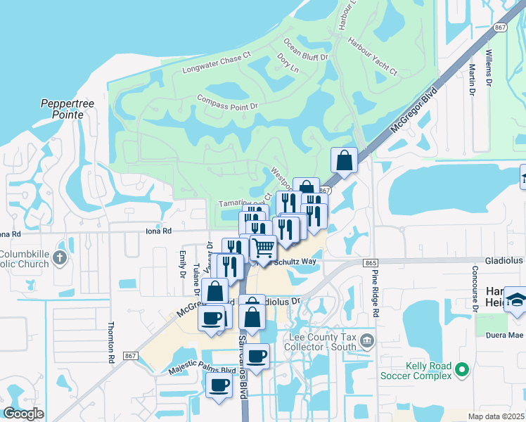 map of restaurants, bars, coffee shops, grocery stores, and more near 11260 Jacana Court in Fort Myers