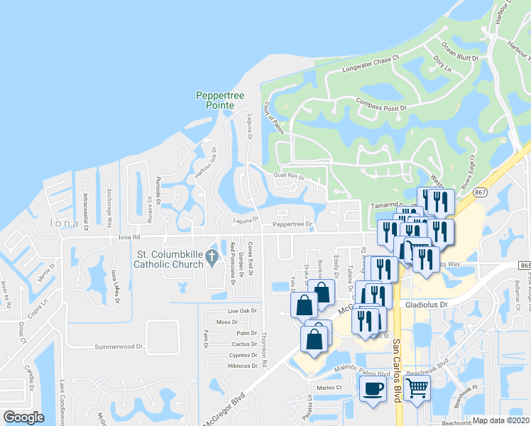 map of restaurants, bars, coffee shops, grocery stores, and more near 15131 Stella Del Mar Lane in Fort Myers