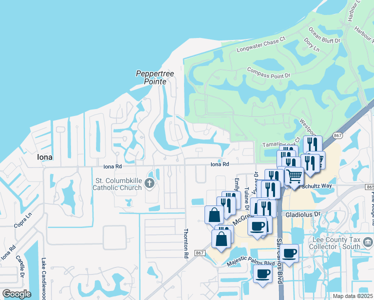 map of restaurants, bars, coffee shops, grocery stores, and more near 15121 Laguna Drive in Fort Myers