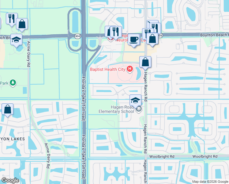 map of restaurants, bars, coffee shops, grocery stores, and more near 10221 White Water Lily Way in Boynton Beach