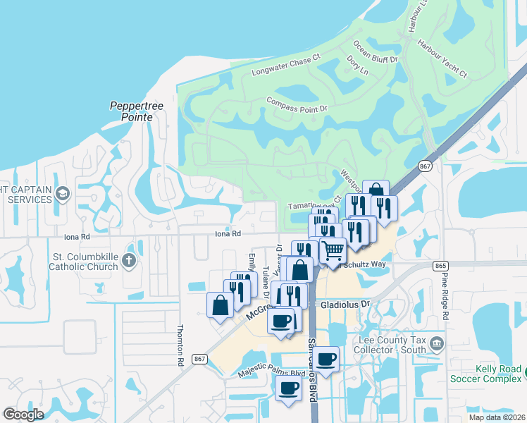 map of restaurants, bars, coffee shops, grocery stores, and more near 11605 Quail Run Drive in Fort Myers