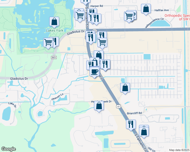 map of restaurants, bars, coffee shops, grocery stores, and more near 15248 South Tamiami Trail in Fort Myers