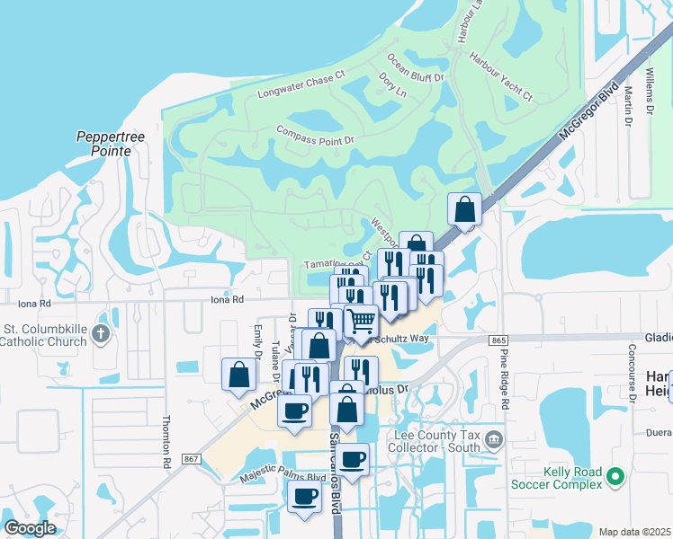 map of restaurants, bars, coffee shops, grocery stores, and more near 15036 Tamarind Cay Court in Fort Myers
