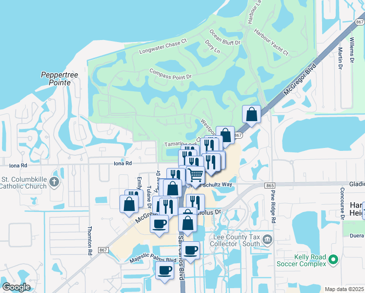map of restaurants, bars, coffee shops, grocery stores, and more near 15036 Tamarind Cay Court in Fort Myers