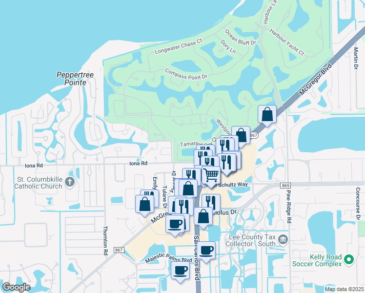 map of restaurants, bars, coffee shops, grocery stores, and more near 14714 Olde Millpond Court in Fort Myers