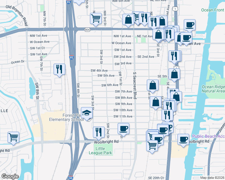 map of restaurants, bars, coffee shops, grocery stores, and more near 227 Southwest 7th Avenue in Boynton Beach