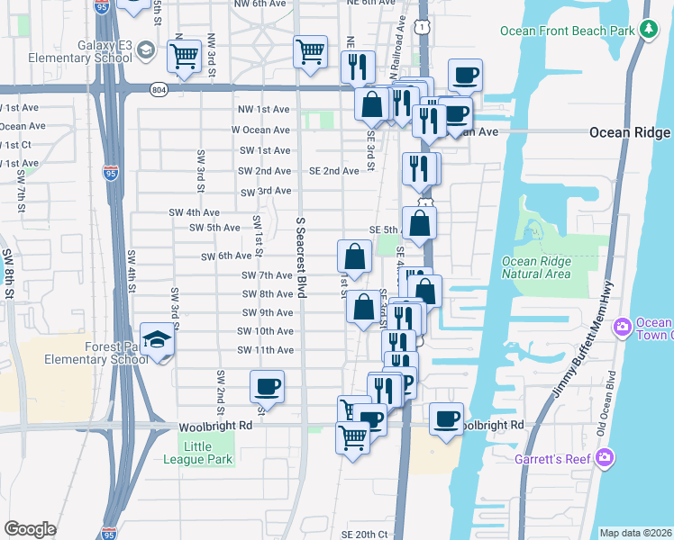 map of restaurants, bars, coffee shops, grocery stores, and more near 132 Southeast 6th Avenue in Boynton Beach