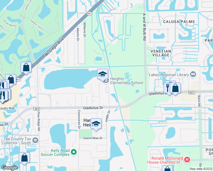 map of restaurants, bars, coffee shops, grocery stores, and more near 15200 Alexandria Court in Fort Myers