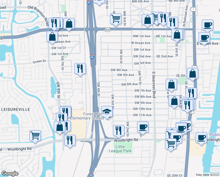 map of restaurants, bars, coffee shops, grocery stores, and more near 344 Southwest 6th Avenue in Boynton Beach