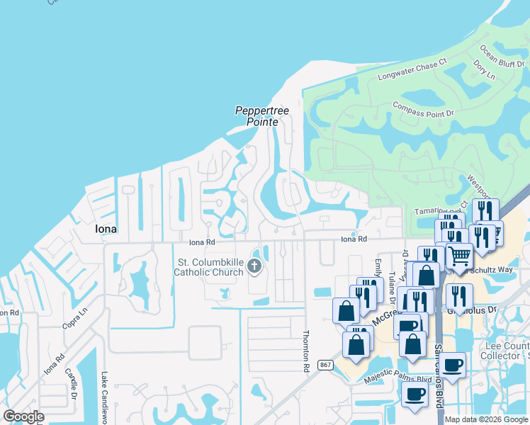 map of restaurants, bars, coffee shops, grocery stores, and more near 14480 Laguna Drive in Fort Myers