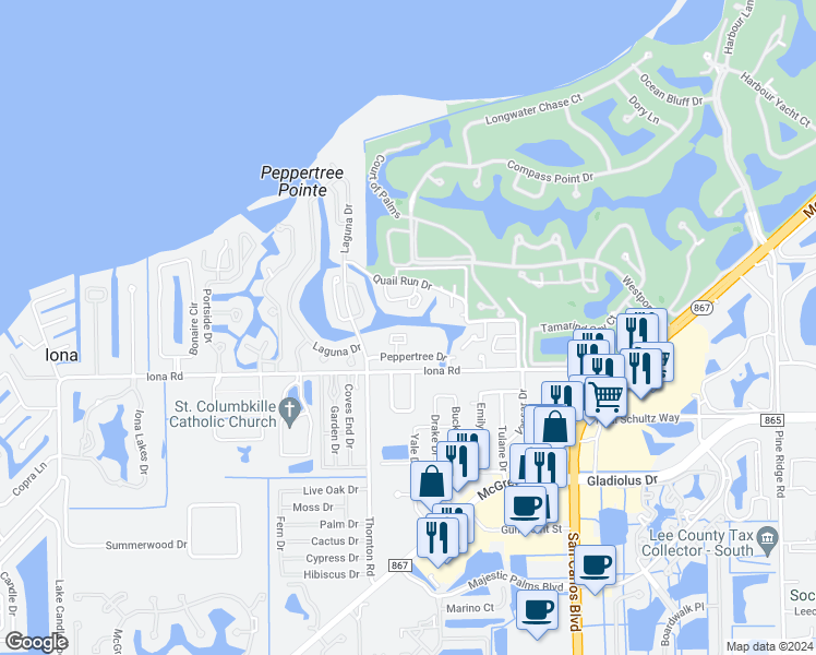 map of restaurants, bars, coffee shops, grocery stores, and more near 11931 Seabreeze Cove Lane in Fort Myers