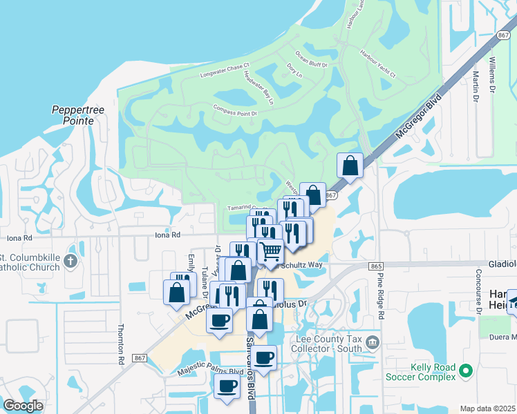 map of restaurants, bars, coffee shops, grocery stores, and more near 15036 Tamarind Cay Court in Fort Myers