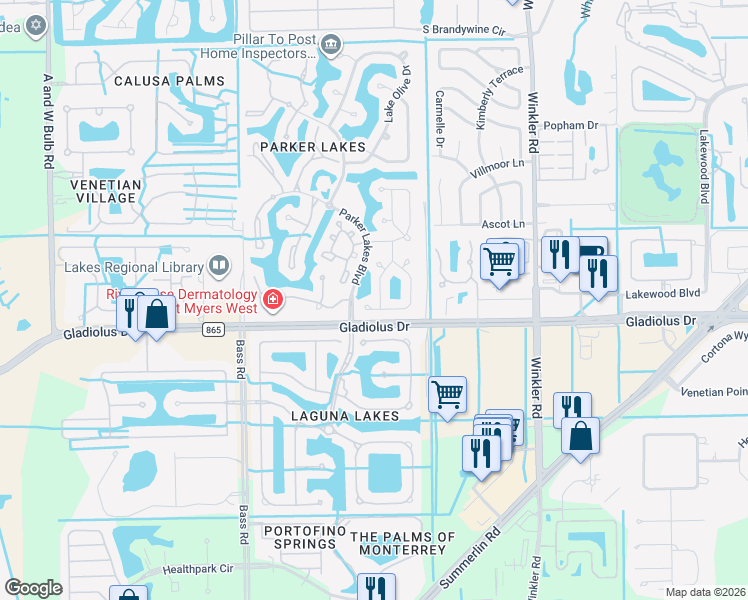 map of restaurants, bars, coffee shops, grocery stores, and more near 9160 Butterfly Court in Fort Myers