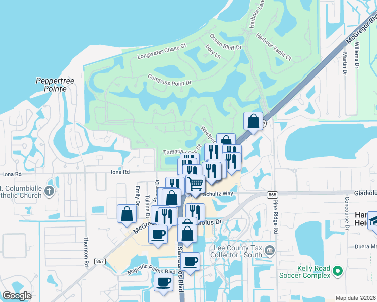 map of restaurants, bars, coffee shops, grocery stores, and more near 15036 Tamarind Cay Court in Fort Myers