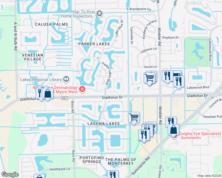map of restaurants, bars, coffee shops, grocery stores, and more near 9160 Butterfly Court in Fort Myers