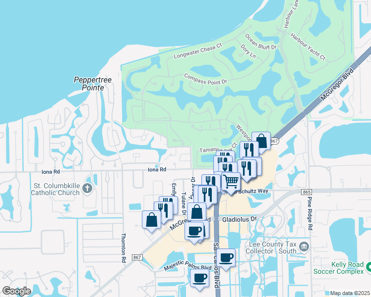map of restaurants, bars, coffee shops, grocery stores, and more near 11605 Quail Run Drive in Fort Myers