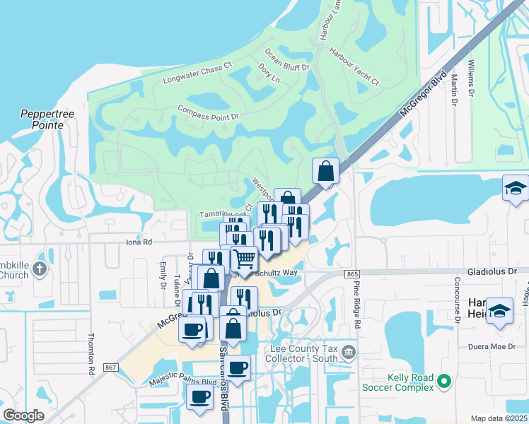 map of restaurants, bars, coffee shops, grocery stores, and more near 11260 Jacana Court in Fort Myers