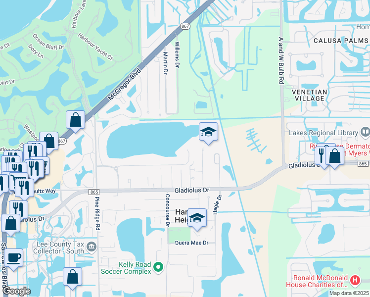 map of restaurants, bars, coffee shops, grocery stores, and more near 10560 Clear Lake Loop in Fort Myers