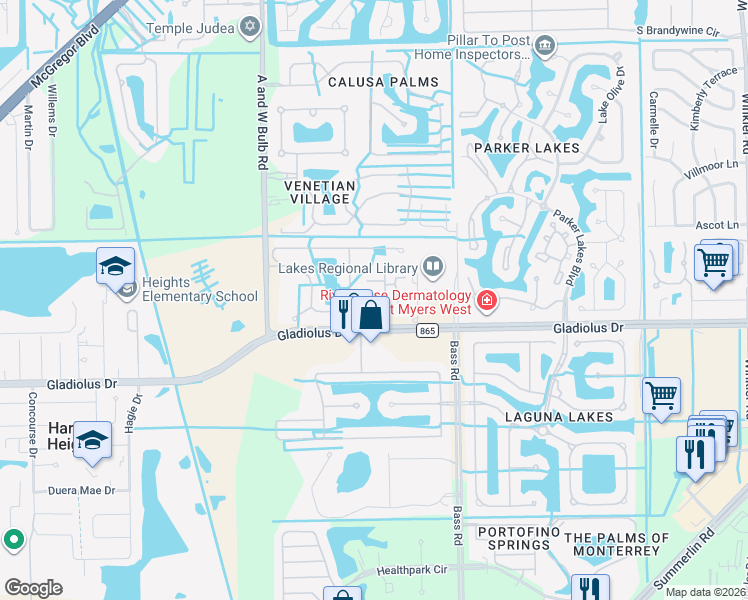 map of restaurants, bars, coffee shops, grocery stores, and more near 9906 Periwinkle Preserve Lane in Fort Myers