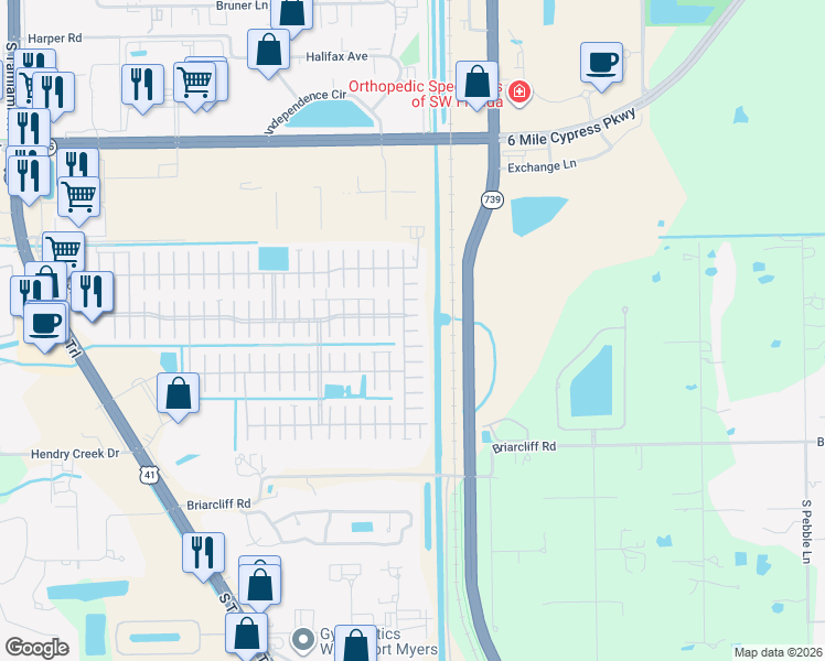 map of restaurants, bars, coffee shops, grocery stores, and more near Emanus Court in Lee County