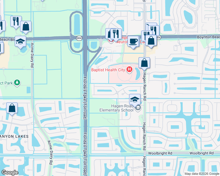 map of restaurants, bars, coffee shops, grocery stores, and more near 10221 White Water Lily Way in Boynton Beach