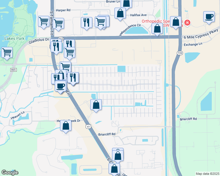 map of restaurants, bars, coffee shops, grocery stores, and more near 61-99 Luana Court in Fort Myers