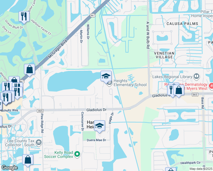 map of restaurants, bars, coffee shops, grocery stores, and more near 15200 Alexandria Court in Fort Myers