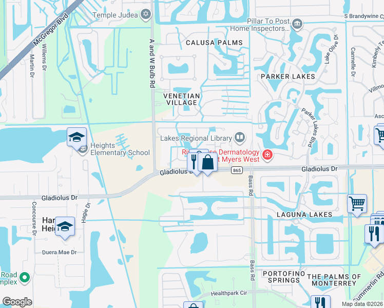 map of restaurants, bars, coffee shops, grocery stores, and more near 15040 Periwinkle Preserve Lane in Fort Myers