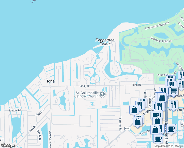 map of restaurants, bars, coffee shops, grocery stores, and more near 12345 Anglers Cove in Fort Myers