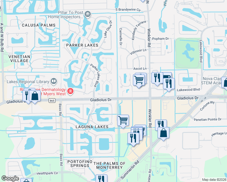 map of restaurants, bars, coffee shops, grocery stores, and more near 15291 Cricket Lane in Fort Myers