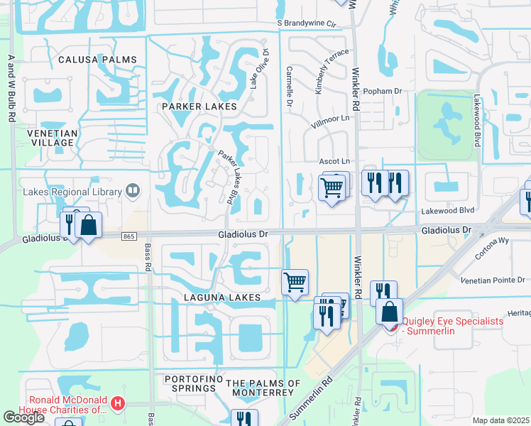 map of restaurants, bars, coffee shops, grocery stores, and more near 15291 Cricket Lane in Fort Myers