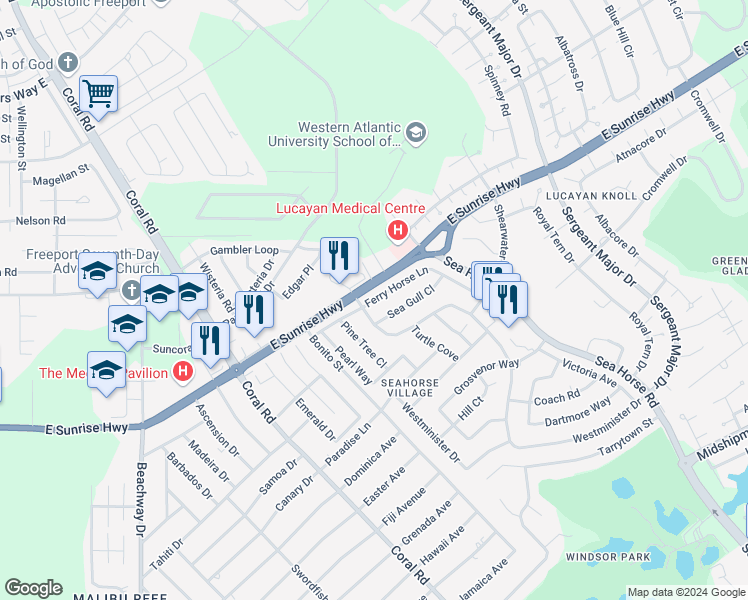 map of restaurants, bars, coffee shops, grocery stores, and more near Ferry Horse Lane in Freeport
