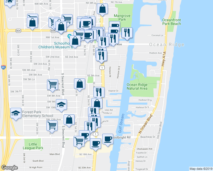 map of restaurants, bars, coffee shops, grocery stores, and more near 709 U.S. 1 in Boynton Beach