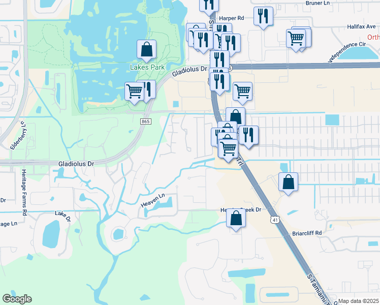 map of restaurants, bars, coffee shops, grocery stores, and more near 15156 Pine Meadows Drive in Fort Myers