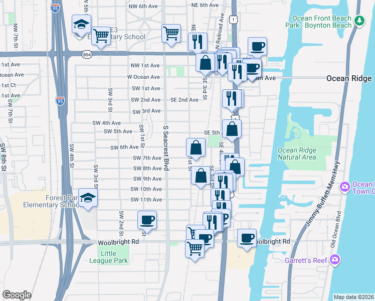map of restaurants, bars, coffee shops, grocery stores, and more near 132 Southeast 6th Avenue in Boynton Beach