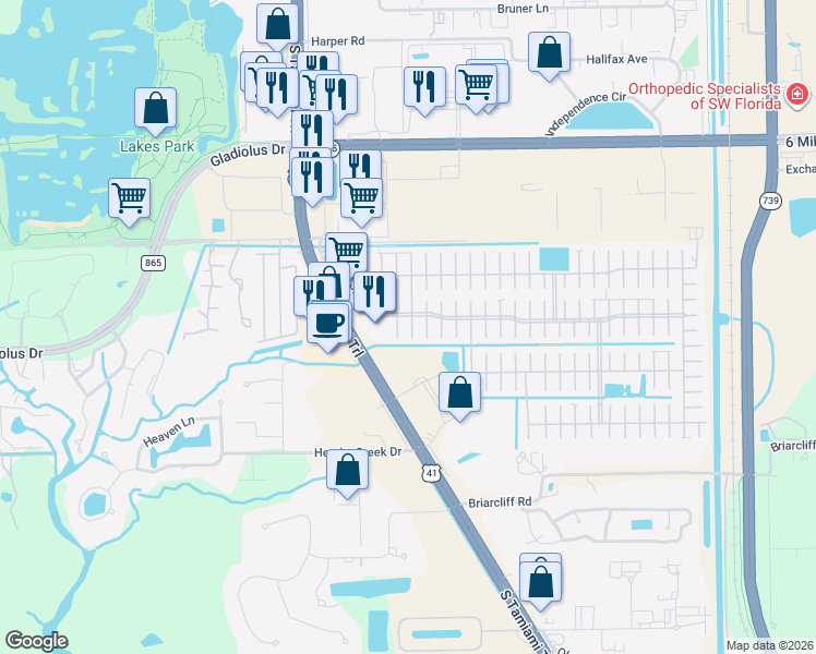 map of restaurants, bars, coffee shops, grocery stores, and more near 33 Esper Court in Fort Myers