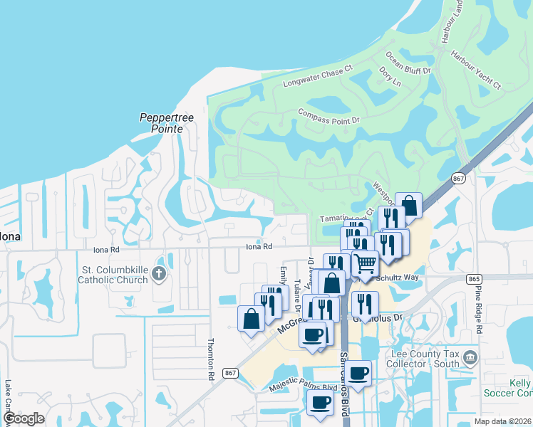 map of restaurants, bars, coffee shops, grocery stores, and more near 11639 Quail Run Drive in Fort Myers