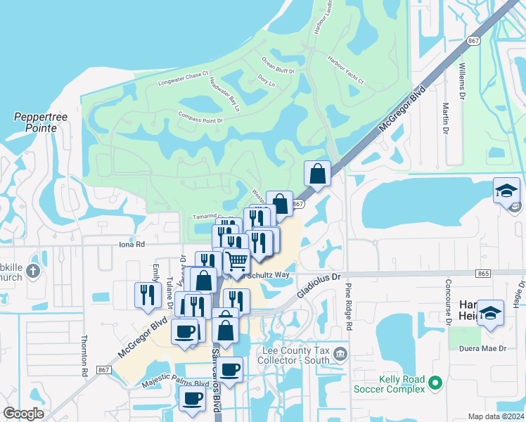map of restaurants, bars, coffee shops, grocery stores, and more near 11260 Jacana Court in Fort Myers