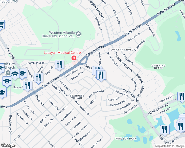 map of restaurants, bars, coffee shops, grocery stores, and more near Ferry Horse Lane in Freeport