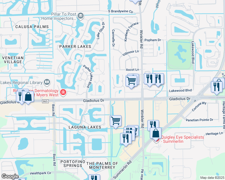 map of restaurants, bars, coffee shops, grocery stores, and more near 8950 Gladiolus Drive in Fort Myers