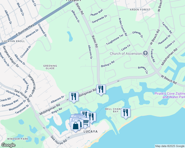 map of restaurants, bars, coffee shops, grocery stores, and more near Balao Road in Freeport