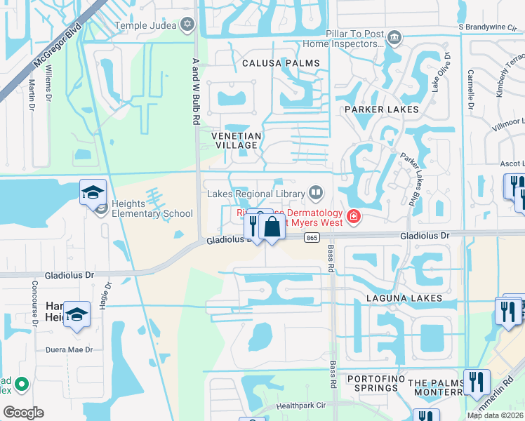 map of restaurants, bars, coffee shops, grocery stores, and more near 15040 Periwinkle Preserve Lane in Fort Myers