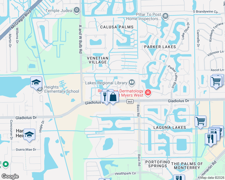 map of restaurants, bars, coffee shops, grocery stores, and more near 9906 Periwinkle Preserve Lane in Fort Myers