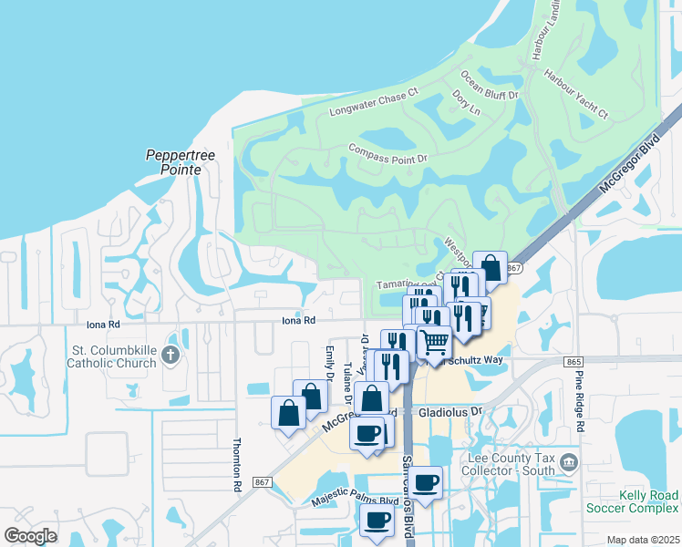 map of restaurants, bars, coffee shops, grocery stores, and more near 11605 Quail Run Drive in Fort Myers